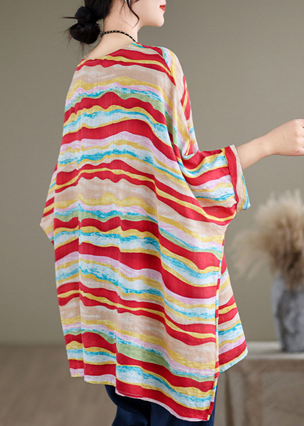 Red O Neck Striped Cotton Blouse Tops Batwing Sleeve Ap080