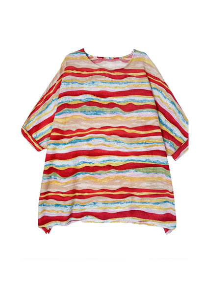 Red O Neck Striped Cotton Blouse Tops Batwing Sleeve Ap080