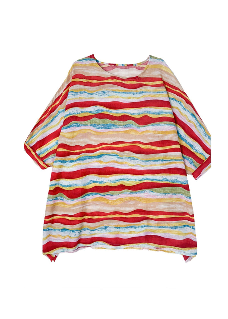 Red O Neck Striped Cotton Blouse Tops Batwing Sleeve Ap080