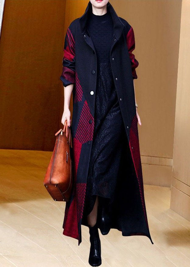 Red Oversized Striped Warm Fleece Wool Coat Outwear Spring Ac2048