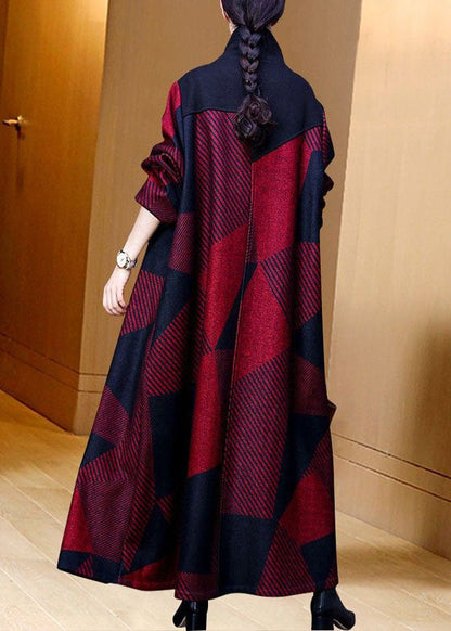 Red Oversized Striped Warm Fleece Wool Coat Outwear Spring Ac2048