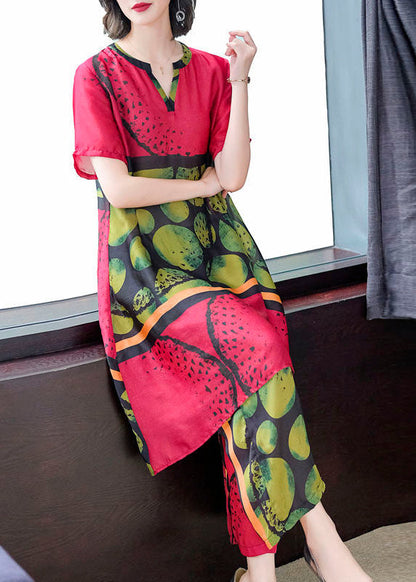 Red Print Tops and Pants Silk Two Pieces Set Summer Tf1021