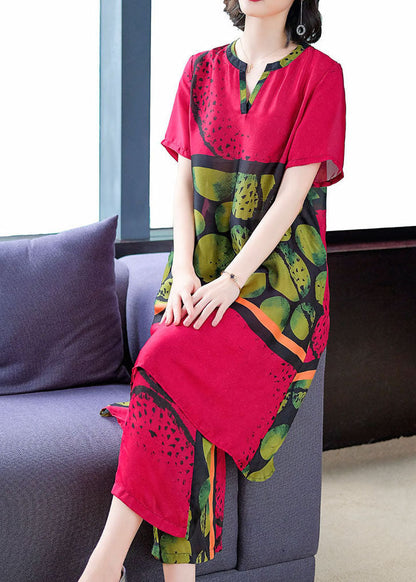 Red Print Tops and Pants Silk Two Pieces Set Summer Tf1021