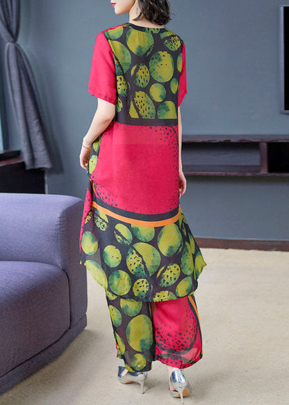Red Print Tops and Pants Silk Two Pieces Set Summer Tf1021