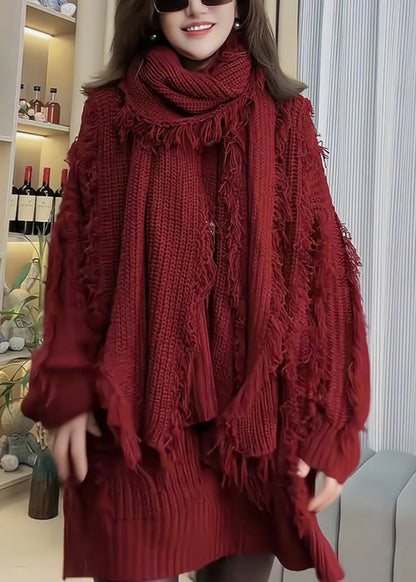 Red Tassel Patchwork Knitted Sweaters Spring Tn030