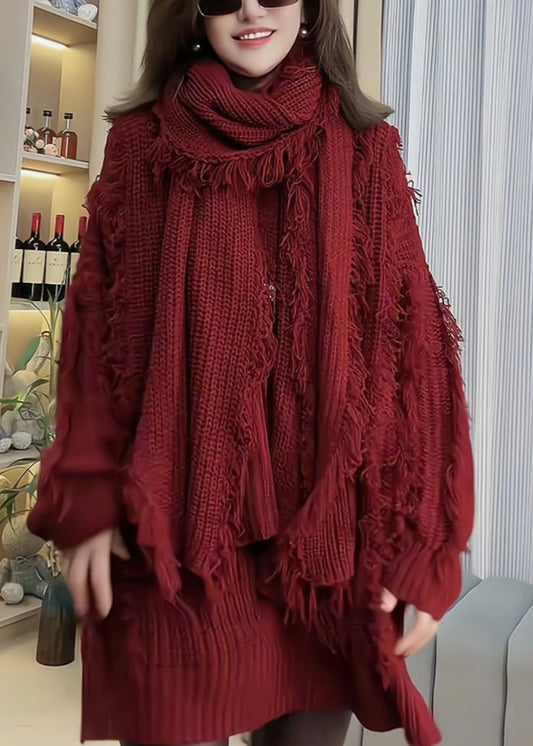 Red Tassel Patchwork Knitted Sweaters Spring Tn030