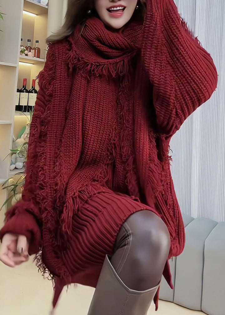 Red Tassel Patchwork Knitted Sweaters Spring Tn030