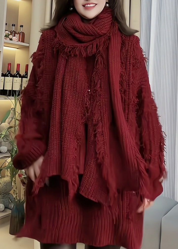 Red Tassel Patchwork Knitted Sweaters Spring Tn030