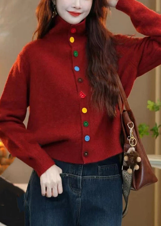 Red Turtleneck Button Knit Sweaters Winter Wm015