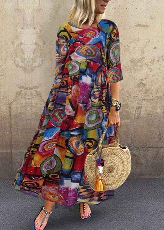 Retro O-neck Print Sleeveless Maxi Dress Red Lc0041