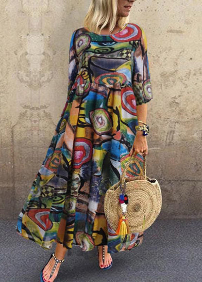 Retro O-neck Print Sleeveless Maxi Dress Red Lc0041
