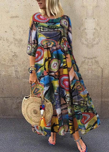 Retro O-neck Print Sleeveless Maxi Dress Red Lc0041