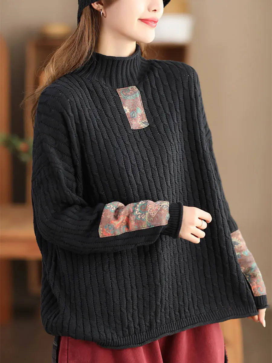 Spliced Knitted Turtleneck Sweater