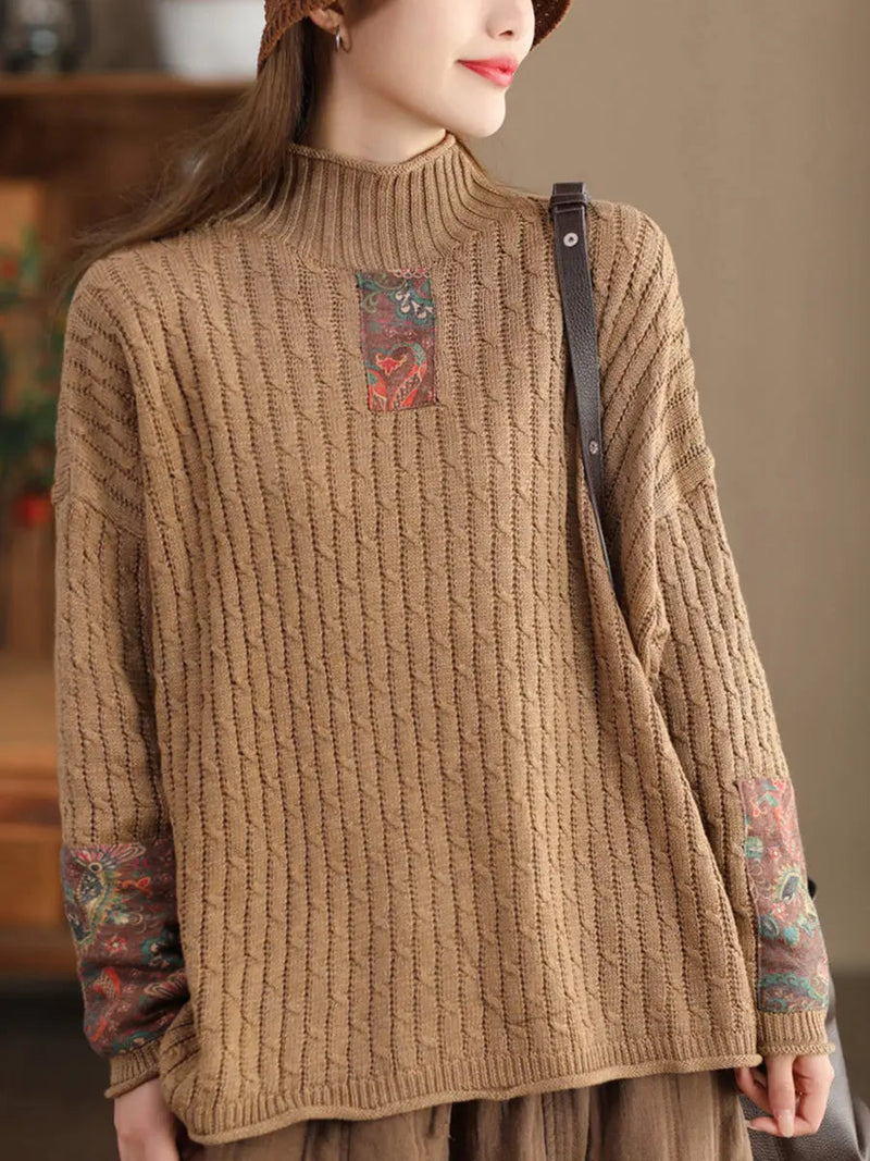 Spliced Knitted Turtleneck Sweater