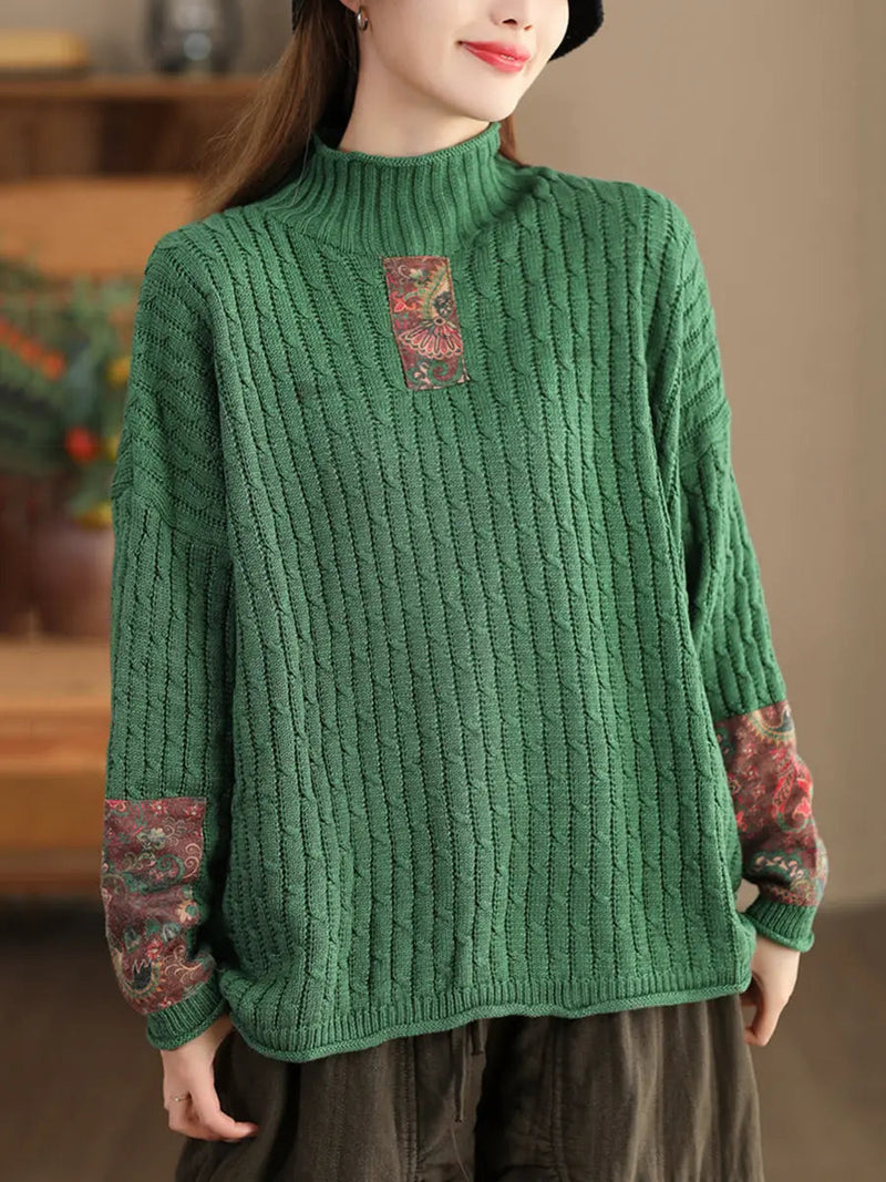 Spliced Knitted Turtleneck Sweater