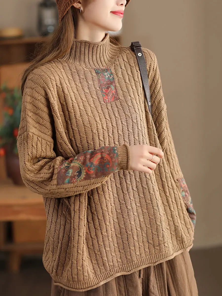 Spliced Knitted Turtleneck Sweater