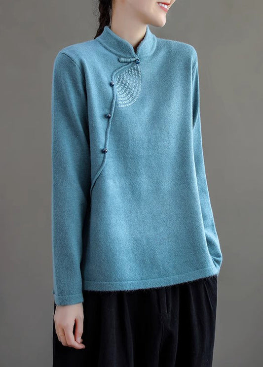 Retro Peacock Blue Stand Collar Knit Sweater Spring Ti036