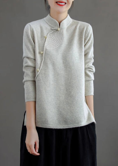 Retro Peacock Blue Stand Collar Knit Sweater Spring Ti036