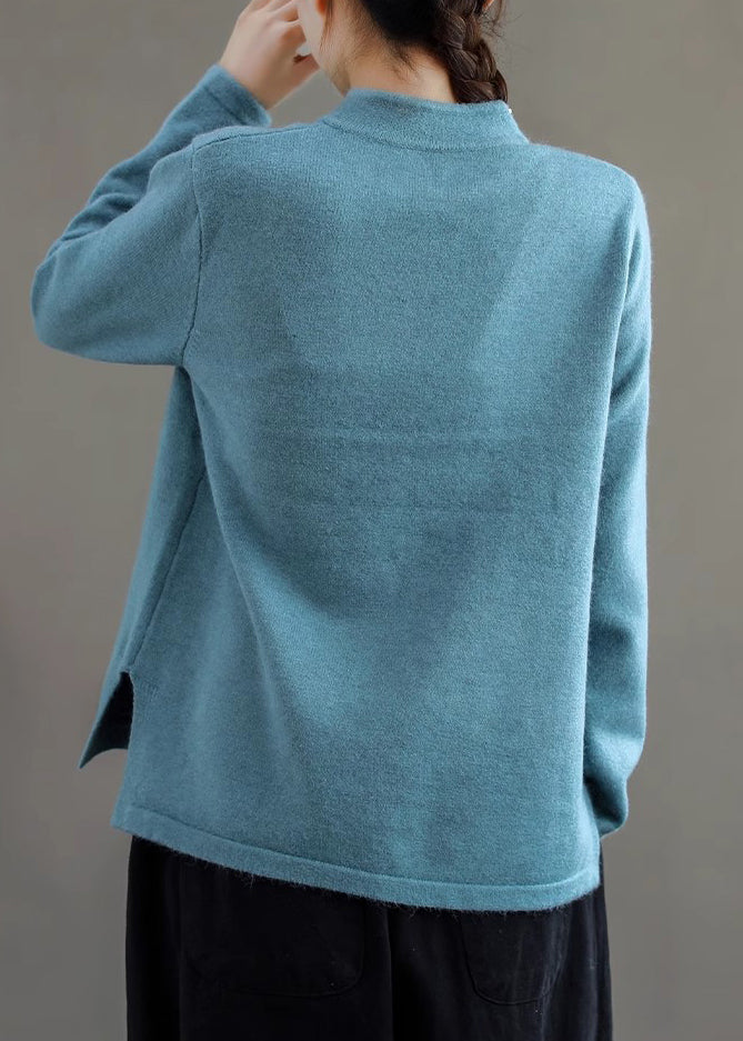 Retro Peacock Blue Stand Collar Knit Sweater Spring Ti036