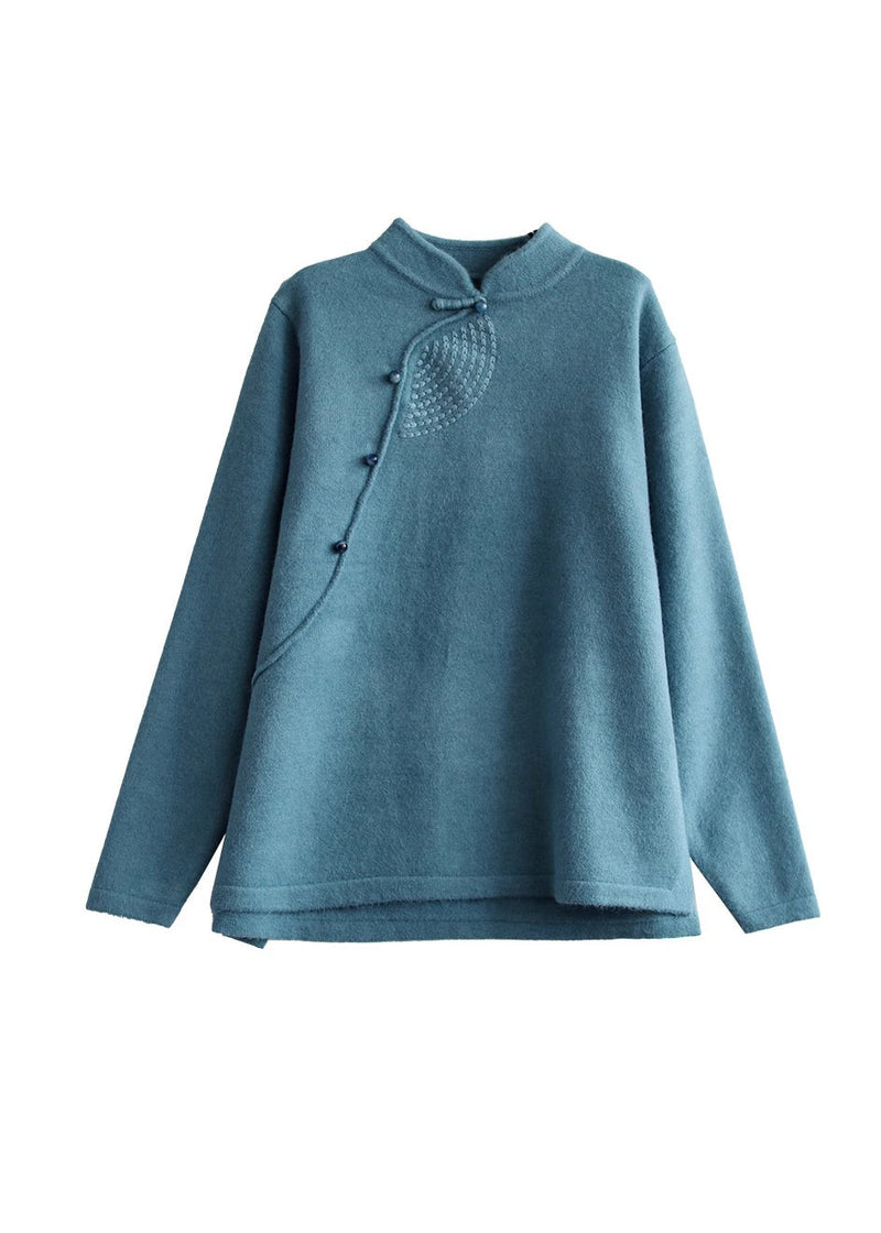 Retro Peacock Blue Stand Collar Knit Sweater Spring Ti036