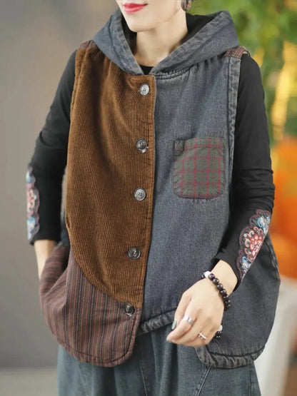 Patchwork Hooded Vest Coat