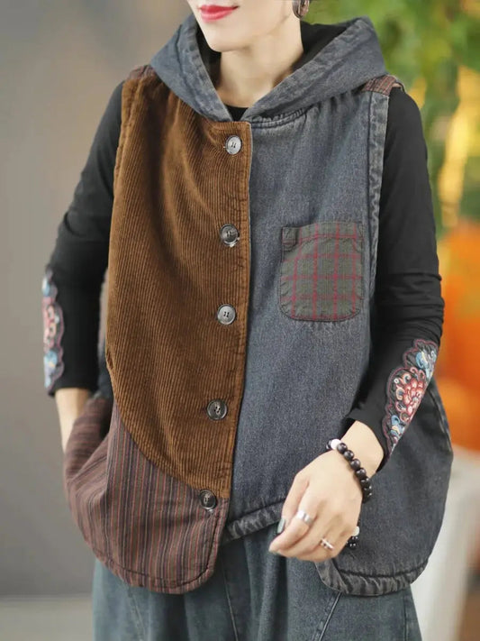 Patchwork Hooded Vest Coat