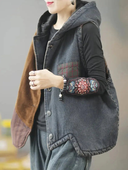 Patchwork Hooded Vest Coat