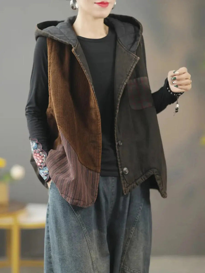 Patchwork Hooded Vest Coat