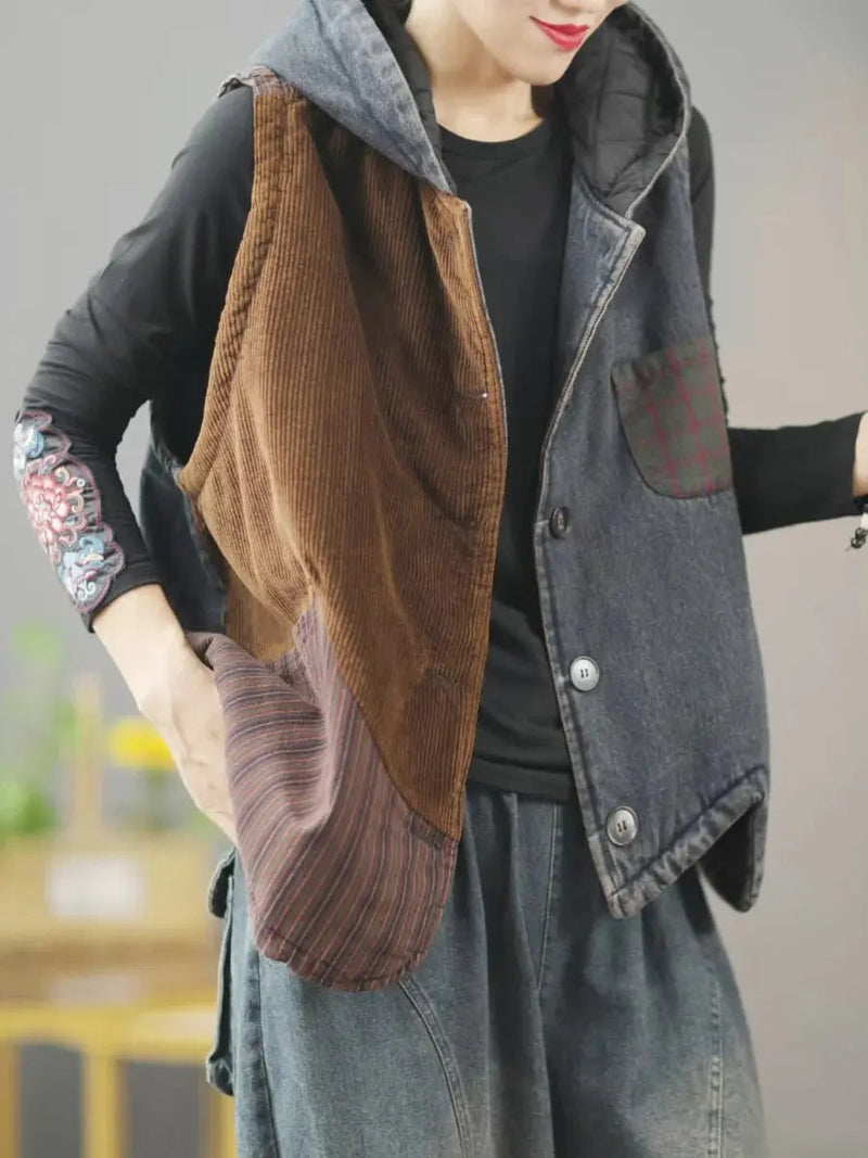 Patchwork Hooded Vest Coat
