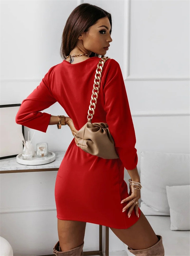 Color Dresses V-neck Long Sleeve Slim Mini Dress
