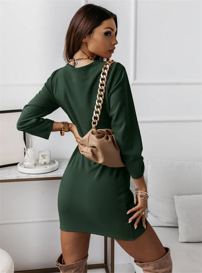 Color Dresses V-neck Long Sleeve Slim Mini Dress
