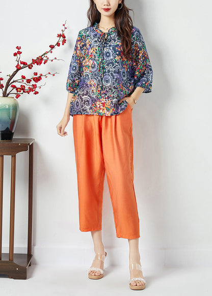 Ruffled Lace Up Print Cotton Tops and Pants Two Pieces Set Summer Lc0401