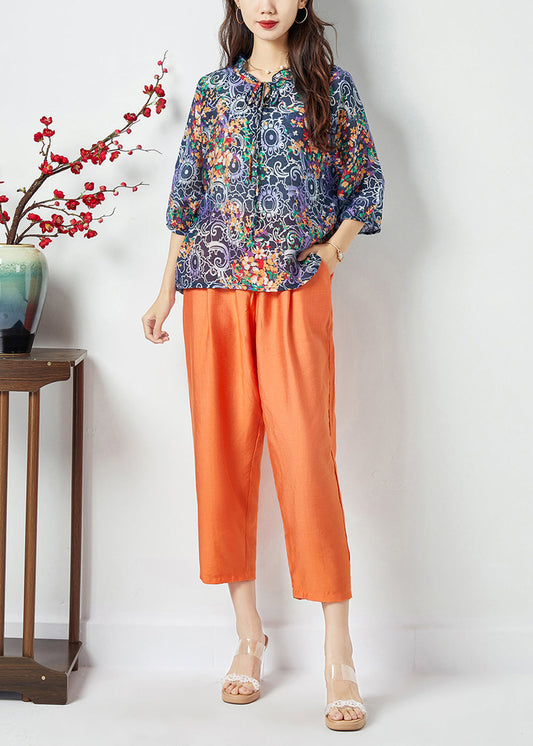 Ruffled Lace Up Print Cotton Tops and Pants Two Pieces Set Summer Lc0401