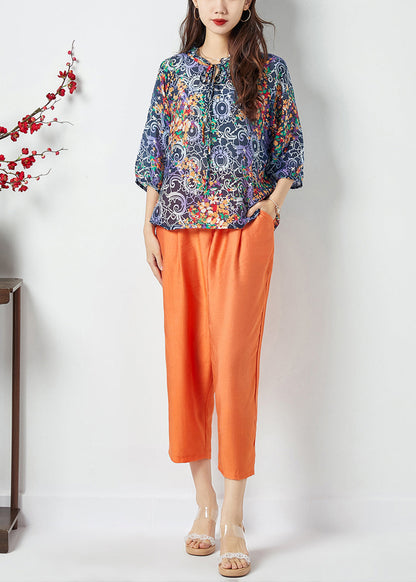 Ruffled Lace Up Print Cotton Tops and Pants Two Pieces Set Summer Lc0401