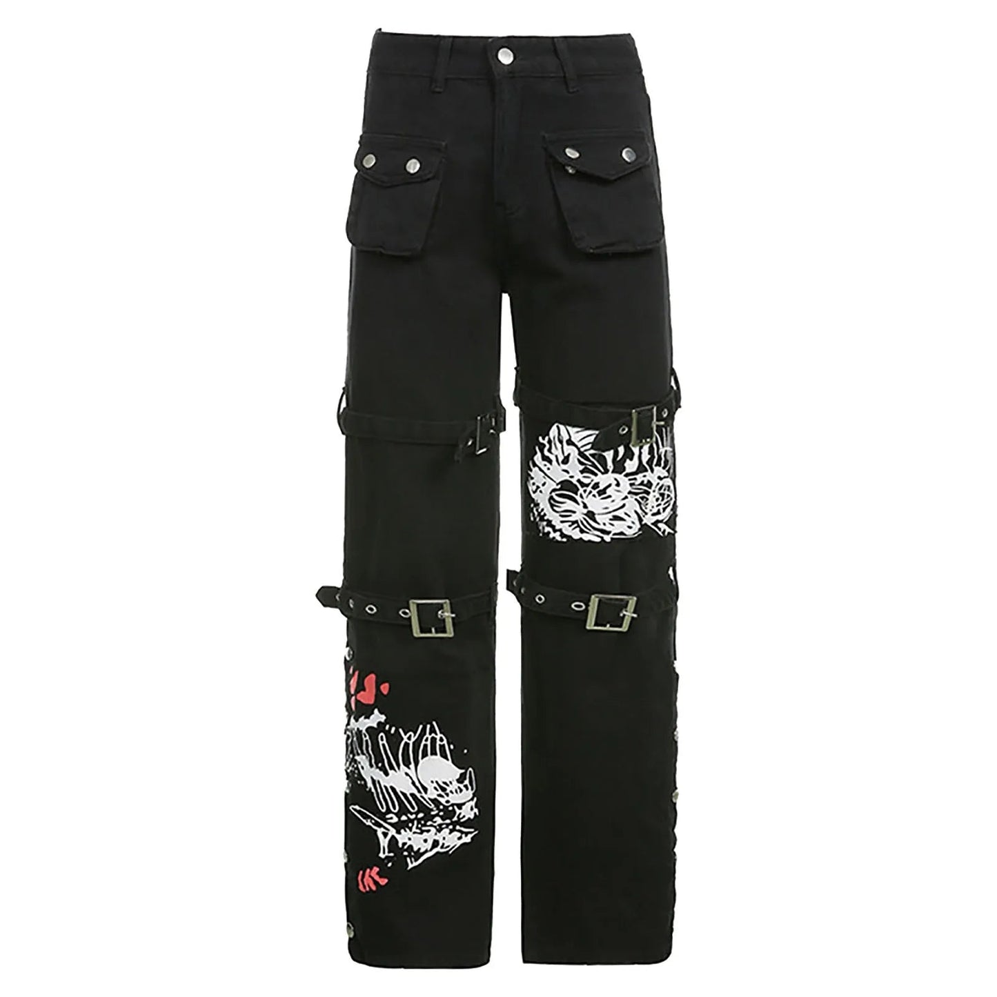 Gothic Retro Washed Print Low-rise Cool Loop Hip Hop Wide-leg Street Pants