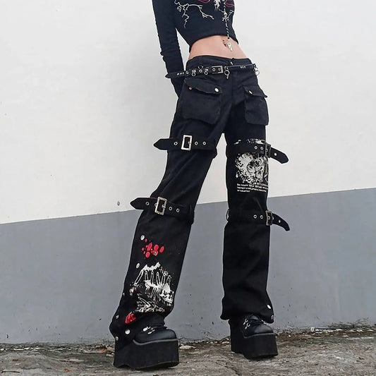 Gothic Retro Washed Print Low-rise Cool Loop Hip Hop Wide-leg Street Pants