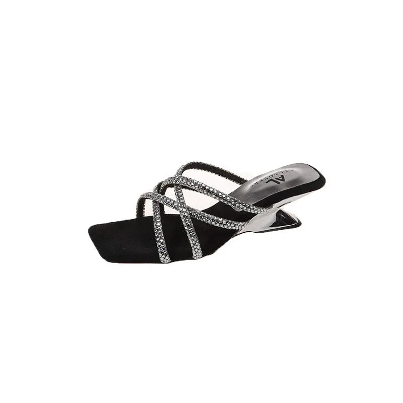 New Summer Rhinestone Ankle Strap High Thick Squares Shoes Low Heel Pumps
