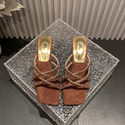 New Summer Rhinestone Ankle Strap High Thick Squares Shoes Low Heel Pumps