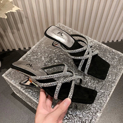 New Summer Rhinestone Ankle Strap High Thick Squares Shoes Low Heel Pumps