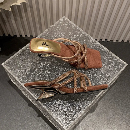 New Summer Rhinestone Ankle Strap High Thick Squares Shoes Low Heel Pumps