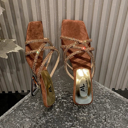 New Summer Rhinestone Ankle Strap High Thick Squares Shoes Low Heel Pumps