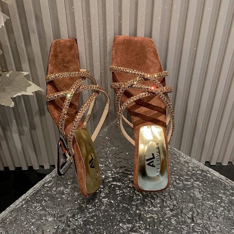 New Summer Rhinestone Ankle Strap High Thick Squares Shoes Low Heel Pumps