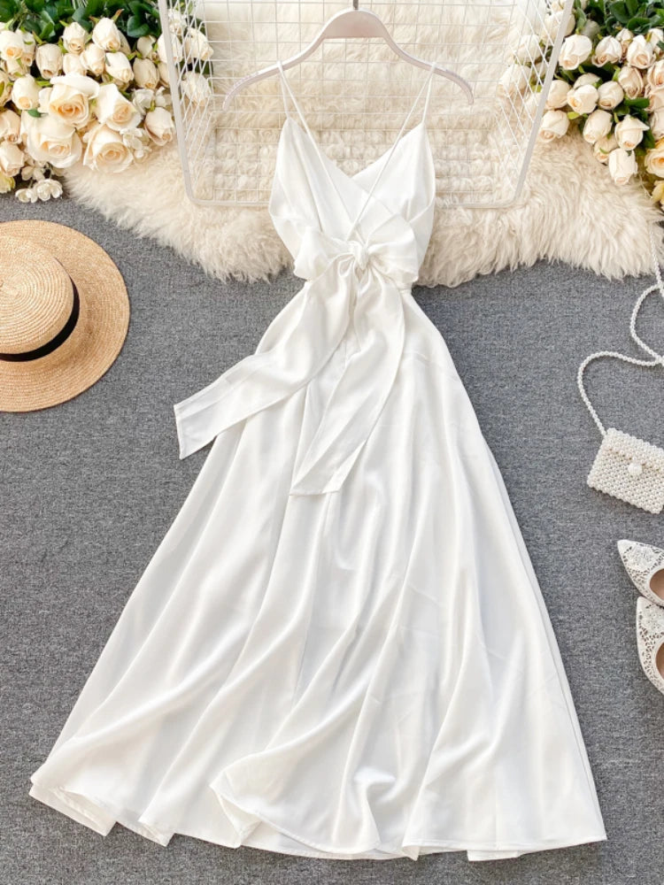 Beach Long Dress Summer V-neck White Evening Party Dressesladies Backless Bandage Satin Dress Vestidos
