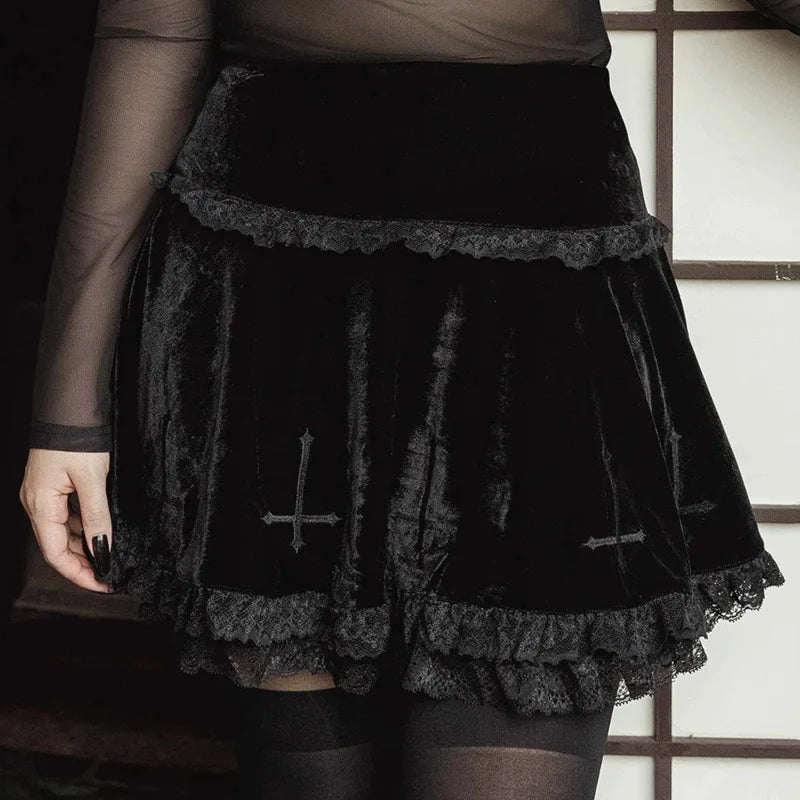 Summer Embroidery Black Gothic Stylish Lace Trim Skirt
