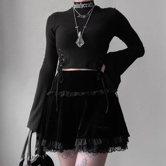 Summer Embroidery Black Gothic Stylish Lace Trim Skirt