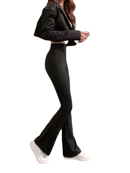 Shark Flared Pants Black Elastic Slim High Waist Horseshoe Pants Micro Flare Trousers