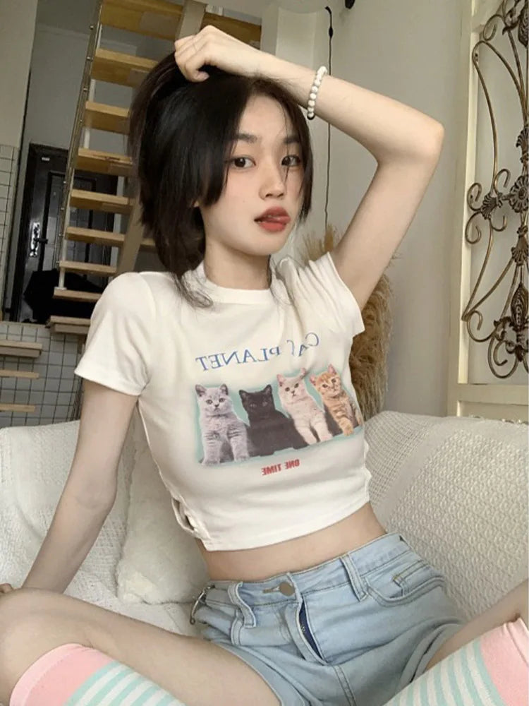 Short Sleeve Crop Tops Cat Print Crew Neck Slim Fit T-shirts Summer Exposed Navel Shirts