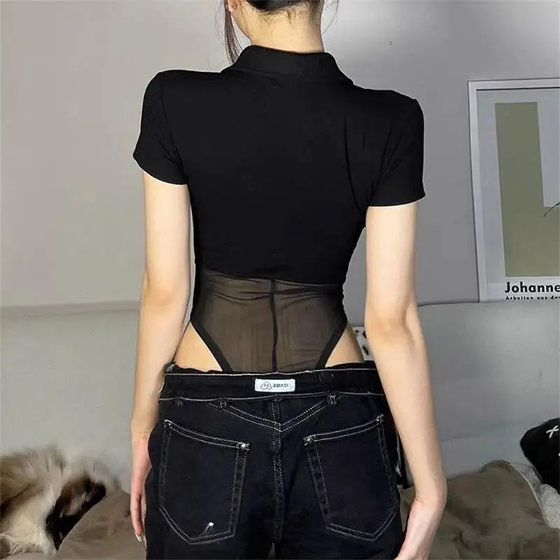 Short Sleeve Top Perspective Mesh Bodysuit Jumpsuit Woman Clothing Black Zip Summer Street Y2k Bodysuit Black