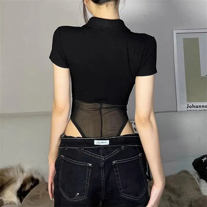 Short Sleeve Top Perspective Mesh Bodysuit Jumpsuit Woman Clothing Black Zip Summer Street Y2k Bodysuit Black
