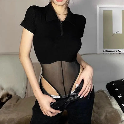 Short Sleeve Top Perspective Mesh Bodysuit Jumpsuit Woman Clothing Black Zip Summer Street Y2k Bodysuit Black